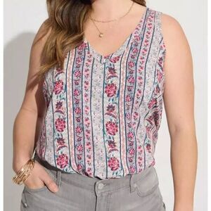 Torrid Challis Stitch Detail Floral Stripes Rayon‎ V-Neck Tank Top Size 5X NWT